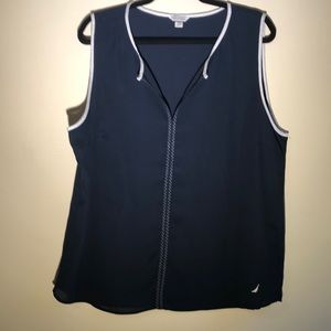 Nautical women’s sleeveless blouse white trim coastal grandmother